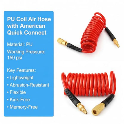 2PCS Polyurethane Recoil Air Hose, 1/4" ID by 10FT, Red - color: Red, size: 1/4" ID x 10FT