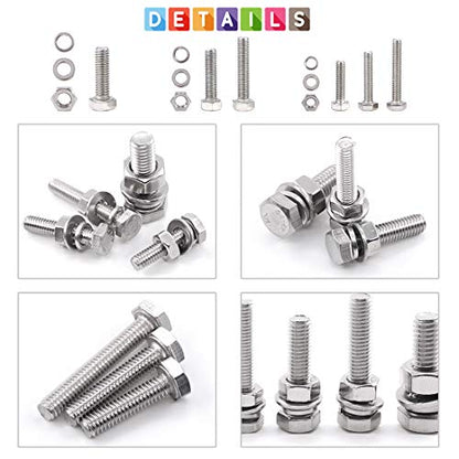 Glarks 510 Pieces Flat Hex Stainless Steel Screws Bolts Nuts Lock and Flat Gasket Washers Assortment Kit