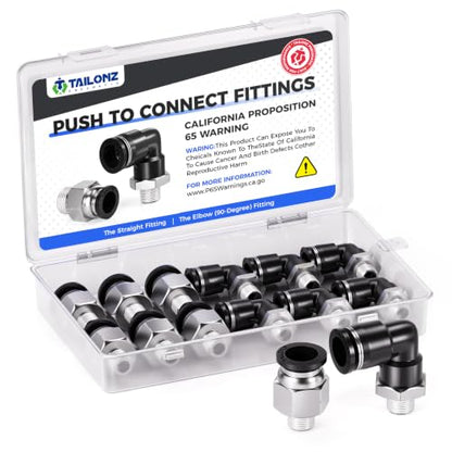 TAILONZ PNEUMATIC Elbow and Straight Combination 6MM Tube OD x 1/8 Inch NPT Thread Push to Connect Fittings PC6-N1+PL6-N1(Pack of 12) - size: 15/64"OD x 1/8"NPT