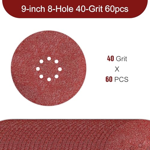 9 inch Sanding Discs 40 Grit 8 Holes Hook and Loop Sandpaper for Drywall Sander 60Pack - style: 40 Grit