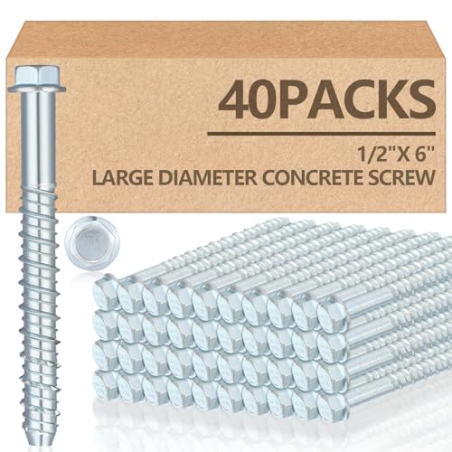 Tandefio 40 Pack 1/2" x 6" Concrete Screw Anchor Galvanized Large Diameter Heavy Duty Plated Concrete Anchors for Masonry Brick Anchoring Block Decking Framing Hex Drive - size: 1/2" X 6"