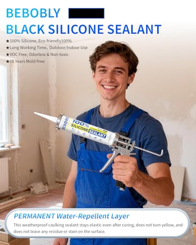 Black Silicone Caulk & Sealant, 100% Waterproof Silicone Caulking, Silicone Sealant Caulking for Kitchen, Bathroom, RV, Interior & Exterior Use, Shrink & Crack Proof, 10.2 FL. OZ/300ML, 12 Pack - color: Black, size: 12 Pack