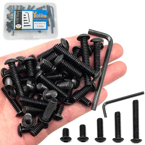 48 pcs 5 Sizes 1/4-20 Button Head Socket Cap Screws Assortment Kit, Black Oxide 10.9 Grade Carbon Steel Hex-Socket Cap Bolts,Fully Threaded, with Hex Key