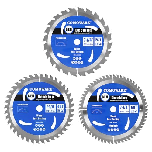 COMOWARE 7 1/4“ Circular Saw Blade (3Pack), 24T&40T&60T ATB Circular Saw Blade, 5/8" Arbor, TCT, Anti-Vibration, Teflon Anti-Stick, Miter Saws Blades for Wood, Laminate, Plywood & Hardwoods - size: 7-1/4" 24T/40T/60T