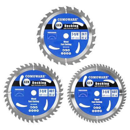 COMOWARE 7 1/4“ Circular Saw Blade (3Pack), 24T&40T&60T ATB Circular Saw Blade, 5/8" Arbor, TCT, Anti-Vibration, Teflon Anti-Stick, Miter Saws Blades for Wood, Laminate, Plywood & Hardwoods - size: 7-1/4" 24T/40T/60T