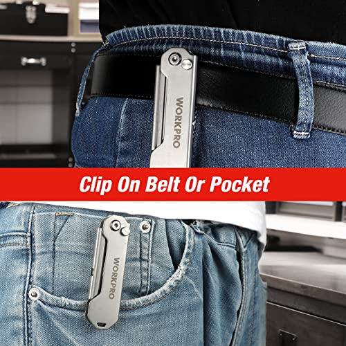 WORKPRO EDC Folding Utility Knife, Mini Box Cutter with Quick Open Axis Lock, Quick Change Blade Razor Knife, Foldable Small Pocket Knife with Belt Clip - color: Silver