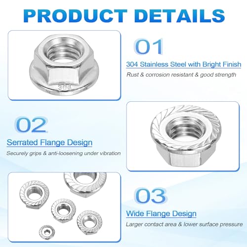 100Pcs Serrated Flange Hex Nuts-3/8-16-UNC 304 SS Bright Finish - color: Silver, size: 3/8"-16
