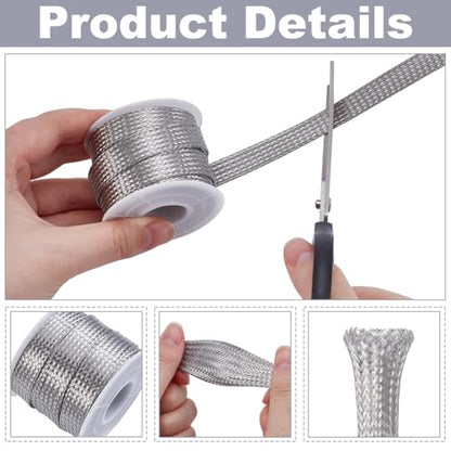 UNICRAFTALE 304 Stainless Steel Expandable Braided Cable Sleeve Knitting Scalable Network Ribbon Flat Cable Sleeve Cord Protector Wire Loom Tubing for Protect Cables 4m/roll - size: 4.4 Yards x 0.47in