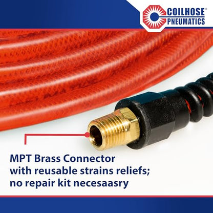Coilhose Pneumatics PFE60254TR Flexeel Reinforced Polyurethane Air Hose, 3/8" ID, 25' Length with (2) 1/4" MPT Reusable Strain Relief Fittings - color: Transparent Red, size: 3/8" X 25 Feet, 1/4" FTG