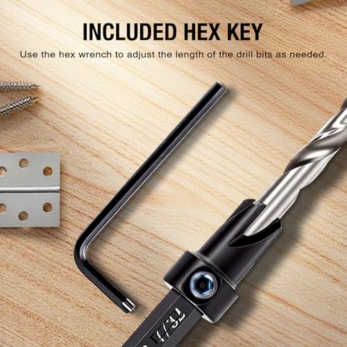 Countersink Drill Bit Set for Wood, 5 Pcs, Adjustable Depth Stop