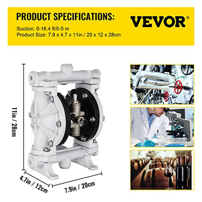 VEVOR Air-Operated Double Diaphragm Pump, 1/2 in Inlet & Outlet, Polypropylene Body, 2.5 GPM & Max 80PSI, PTFE Diaphragm Pneumatic Transfer Pump for Petroleum, Diesel, Oil & Low Viscosity Fluids - size: 2.5 GPM