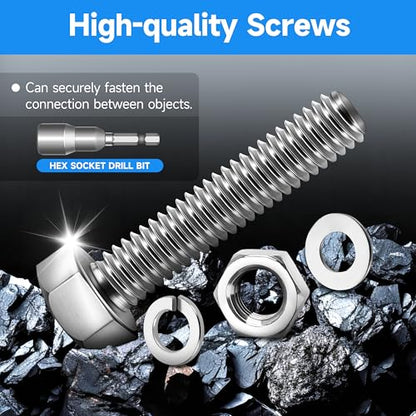 (12 Sets) 1/4-20 x 2 Hex Head Screws Bolts and Nuts Kit with 1/4-20 Bolt, 1/4-20 Nuts, Flat & Lock Washers, Fully Threaded, 1/4 20 Stainless Steel Bolts, Bright Finish by Marysino - color: (Silver)-1/4, size: 2"