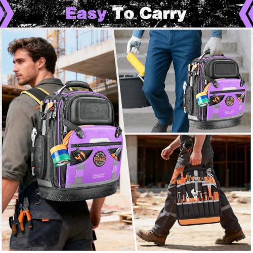 Tool Backpack Bag, Electrician Tool Bag 78-Pockets & Loops Tools Bag HVAC Tool Bags for Men, Heavy Duty Storage Construction tools Backpack (style1-Purple) - color: Purple