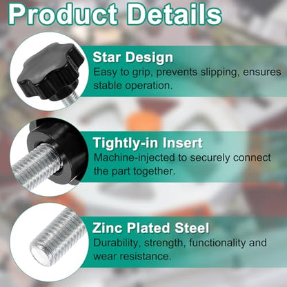 uxcell 2pcs Star Clamping Knobs with Nuts Washers, M12 x 40mm Metric Zinc Plated Carbon Steel Male Thread 48mm 6-Star Plastic Head, Threaded Stud Hand Knobs Handles Thumb Screws, Black - size: M12 x 40mm
