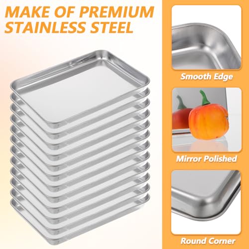 12 Pack Stainless Steel Plates, Metal Food Tray Plate, Small Baking Sheets for Oven, Food Safe Smooth Polished for Adults, Picky Eaters, Campers, Hand Project (8.3''L x 5.8''W)