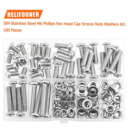HELIFOUNER 100 Pieces M6 x 10mm /12mm /16mm /20mm /25mm /30mm /35mm, Phillips Pan Head Machine Screws, Metric Screws Bolts Washers Nuts Kit, 304 Stainless Steel - size: M6, style: Phillips Pan Head Machine Screws