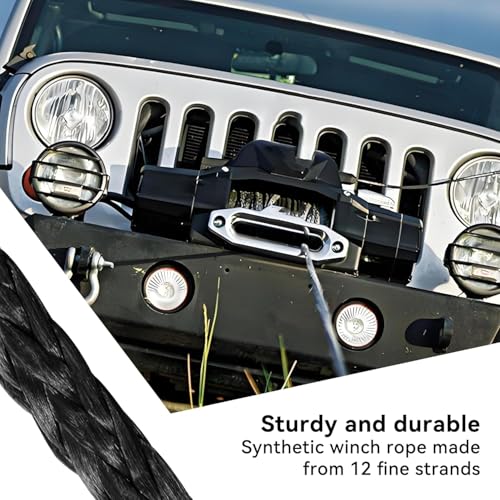 1/4 Inch x 50 Foot 10000 lb Synthetic Winch Rope Kit, Black - color: Black