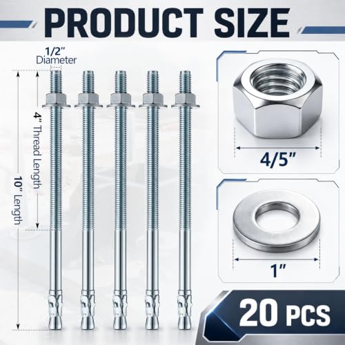 Moxweyeni 20 Pcs 1/2" x 10" Zinc Plated Wedge Anchors for Concrete - size: 1/2" X 10"