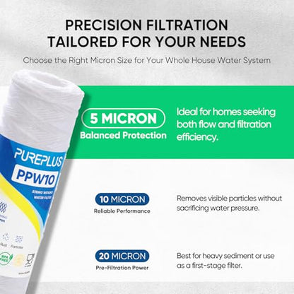 PUREPLUS 5 Micron 10"x2.5" Whole House String Wound Sediment Filter 4 Pack - size: 4 Count (Pack of 1)
