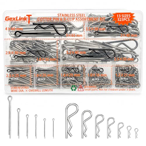 323PCS Cotter Pin Assortment Kit, 13 Sizes Stainless Steel Split Pins and R Clips with Clear Organizer Case for Hitch Pins, Trailers, Lawn Equipment and Machinery