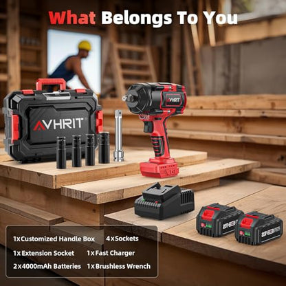 Cordless Impact Wrench 1/2", 1106Ft-lbs(1500N.m) with 2 Batteries - color: Red