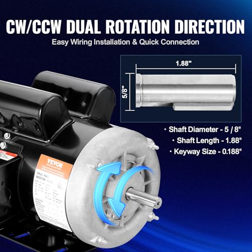 VEVOR 1.5HP Electric Motor 3450 RPM, AC 115V/230V, 56 Frame, Air Compressor Motor Single Phase, 5/8" Keyed Shaft, CW/CCW Rotation for Agricultural Machinery and General Equipment - size: 1.5P-5/8" Shaft