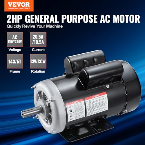VEVOR 2HP Electric Motor 1725 RPM, AC 115V/230V, 143/5T Frame, Air Compressor Motor Single Phase, 7/8" Keyed Shaft, CW/CCW Rotation for Agricultural Machinery and General Equipment - size: 143/5T Frame