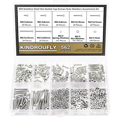 562 Pieces M2.5 x 4/6 /8/10 /12/16 /20mm Hex Socket Head Cap Screws Nuts Washers Assortment Kit, 304 Stainless Steel, Fully Machine Thread - size: M2.5, style: Socket Head