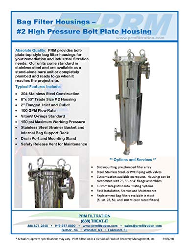 PRM 304 Stainless Steel Bag Filter Housing, #2 Size, 2 Inch Flange Inlet/Outlet, 150 PSI Max. Pressure, Bolt Plate Top