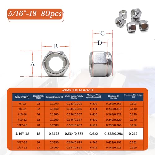 5/16"-18 Nylon Insert Lock Nuts 80pcs SAE 304 Stainless Steel Nylon Locknuts Hex Lock Nuts Reusable Anti-Loose Corrosion-Resistant for DIY Home Automotive Industrial - size: 5/16"-18 80pcs