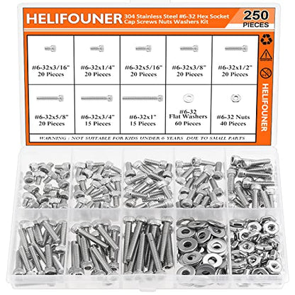 HELIFOUNER 250 Pieces #6-32 x 3/16" 1/4" 5/16" 3/8" 1/2" 5/8" 3/4" 1", Hex Socket Head Cap Screws Bolts Washers Nuts Kit, Coarse Thread, Fully Machine Threaded, 304 Stainless Steel - size: #6-32, style: Socket Head