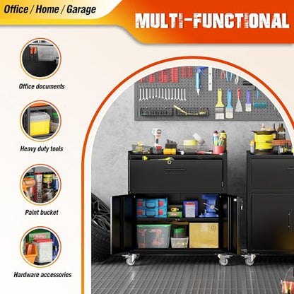 Metal Garage Storage Cabinet with Wheels, 35" H Large Capacity Rolling Tool Chest for Workshop, Garage, Cabinetry, 1 Drawer & 2 Locking Doors, Black - size: 35.4H*18.11D*30.31W