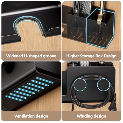 FEZHI Hair Dryer Holder,3-in-1 Hair Tool Organizer Heightened design with Plug&Cord Winding,Blow Dryer Holder Wall Mounted/Cabinet Door for Flat/Curling Irons Hair Straighteners (Black)