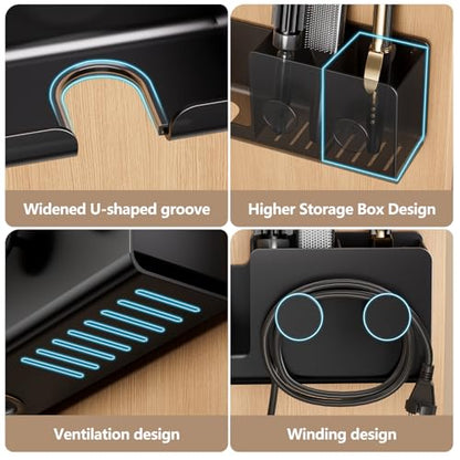 FEZHI Hair Dryer Holder,3-in-1 Hair Tool Organizer Heightened design with Plug&Cord Winding,Blow Dryer Holder Wall Mounted/Cabinet Door for Flat/Curling Irons Hair Straighteners (Black)