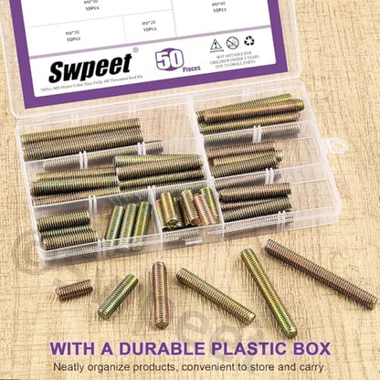 Swpeet 50Pcs 6 Sizes M8 x 20/30/ 40/50/ 60/ 70mm Galvanized Carbon Steel Fully Threaded Rod Assortment Kit, Threaded Rods Bar Studs for Furniture Machinery Assembly - style: M8