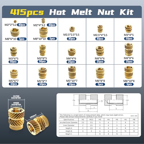 Heat Set Insert Tool Kit 415Pcs Nuts for Inserts 3D Printing and Plastic