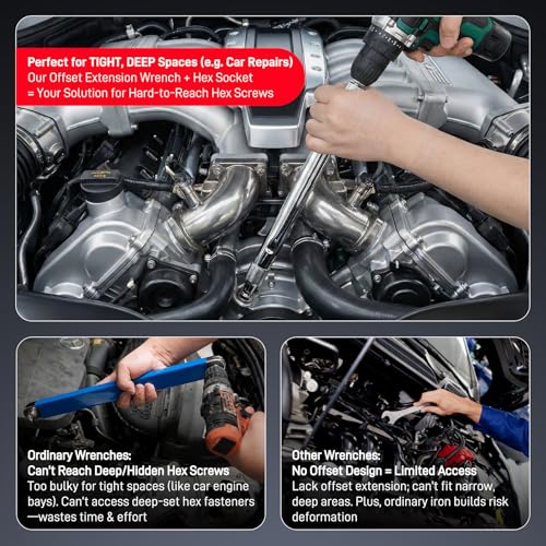 Offset Extension Wrench for Tight Spaces, 2 in 1 1/2'' Drive Offset Wrench, Offset Extension Wrench Impact for Electric Drill/Ratchet/Impact Wrench - with 10 Hex Socket - color: Wrench+adapter+hex Socket