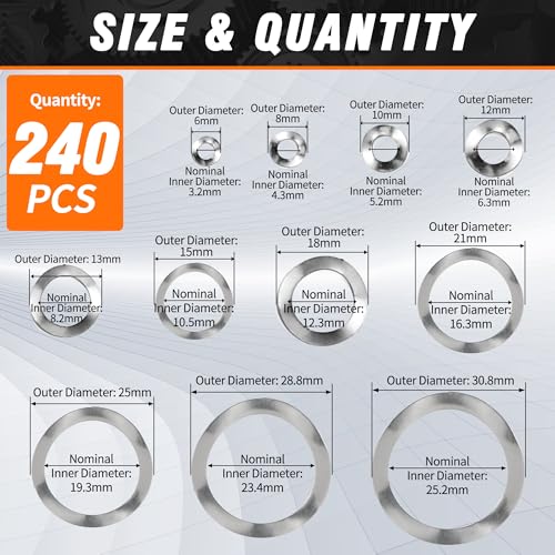 Wave Washer Assortment Kit, 240pcs Wave Spring Washer M3-M25, 304 SS - color: silvery, size: Wave M3-M25 240Pcs