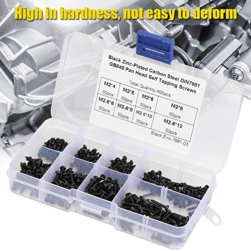 400Pcs M2/M2.6 Self Tapping Screws for Plastic, Stainless Steel Black Cross Self Tapping Screw with Box, Cross Pan Head Screws Set for Plastics, Wood, Soft Metals