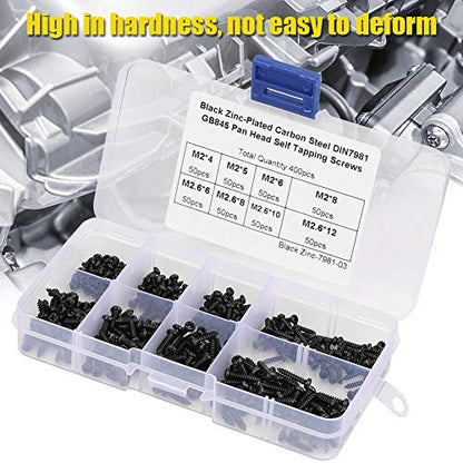400Pcs M2/M2.6 Self Tapping Screws for Plastic, Stainless Steel Black Cross Self Tapping Screw with Box, Cross Pan Head Screws Set for Plastics, Wood, Soft Metals