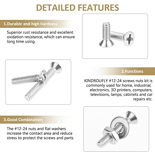 104 Pieces #12-24x 3/8", 1/2", 5/8", 3/4", 7/8", 1", 1-1/4", 1-1/2",Phillips Countersunk Head Machine Screws Nuts Washers Assortment Kit, 304 Stainless Steel, Fully Machine Thread - size: #12-24