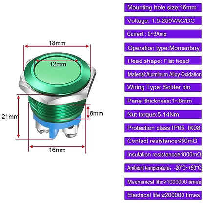 Gebildet 2pcs 16mm 3A/12V 24V 36 DC 110V 250VAC 1NO SPST Momentary Push Button Switch IP65 waterproof Aluminium Alloy Shell Screw Terminal (Green Shell) - size: 16mm-Green