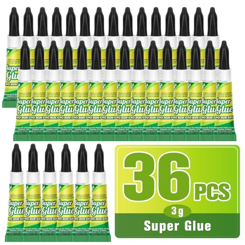 Super Glue Gel Clear 3 Gram (Pack of 36) for Plastic Metal & Wood – Instant CA Adhesive All Purpose Multipack, Cyanoacrylate Glue for Ceramic 3D Printing Shoe Crafts, Strong Bonding Single Use Minis