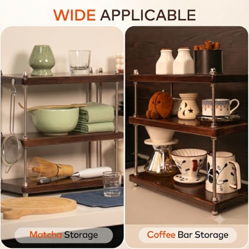 Solid Wood Coffee Bar Shelf/Rack for Countertop, 3 Tier, Walnut - color: Walnut Finish, size: 24MM Thick