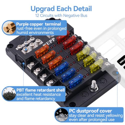 12 Circuits Fuse Block Panel - with Negative Bus Fuse Box Holder Screw, Marine Fuse Block DC 12-24V with LED Indicator Waterproof Cover for Car Marine Boat RV Truck, 24 Fuses Included - size: 12 Way