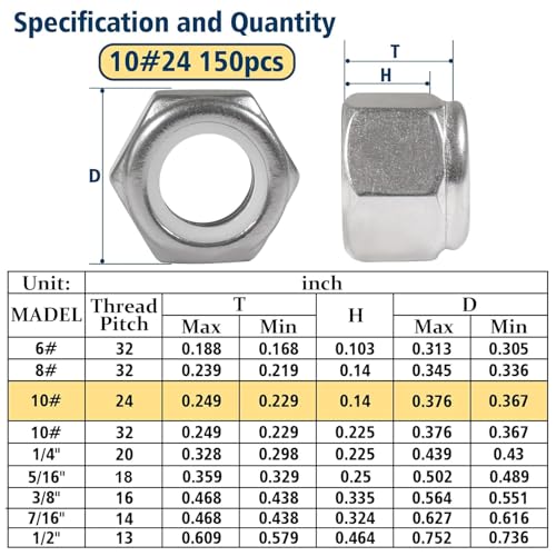 #10-24 Lock Nut, 150Pcs Stainless Steel Nylock Insert Locking Nuts - size: #10-24, 150 Pack