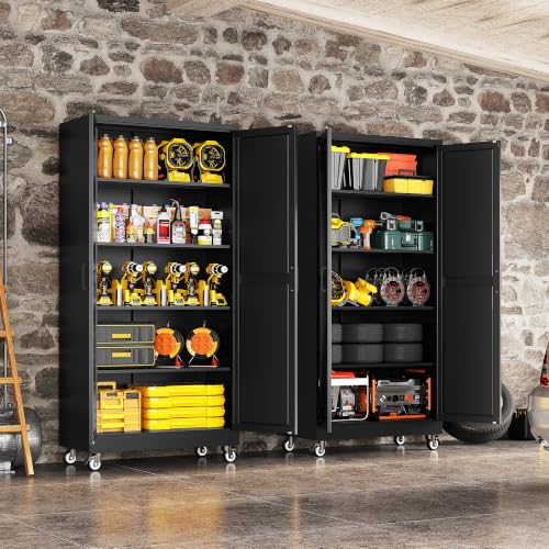72"Metal Garage Storage Cabinets with Wheels & Adjustable 4 Shelves - color: Black, size: 72"H x 33.5"W x 17.7"D
