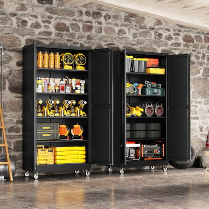 71"Metal Garage Storage Cabinets with Wheels & Adjustable 4 Shelves - color: Black, size: 71"H x 31.5"W x 15.7"D