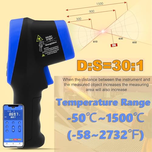 Infrared Thermometer Gun 1500℃ with APP Control, Laser Targeting, 30:1