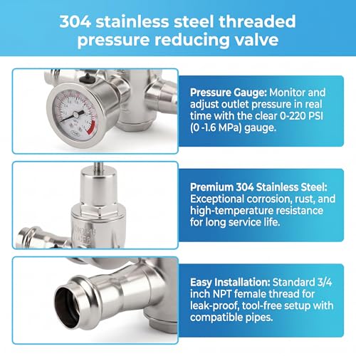 MEANLIN MEASURE 3/4" Press Fit Water Pressure Reducing Valve, DN20, 304 Stainless Steel Adjustable Pressure Regulator with 0-220 PSI Gauge, for Plumbing, Industrial Water Pipe System - size: 0.75 Inch